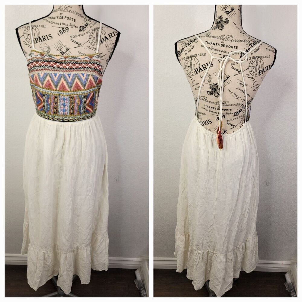 Zara Midi Dress SZ S Halter Embroidered Gauze Beachy Bohemian Cottagecore